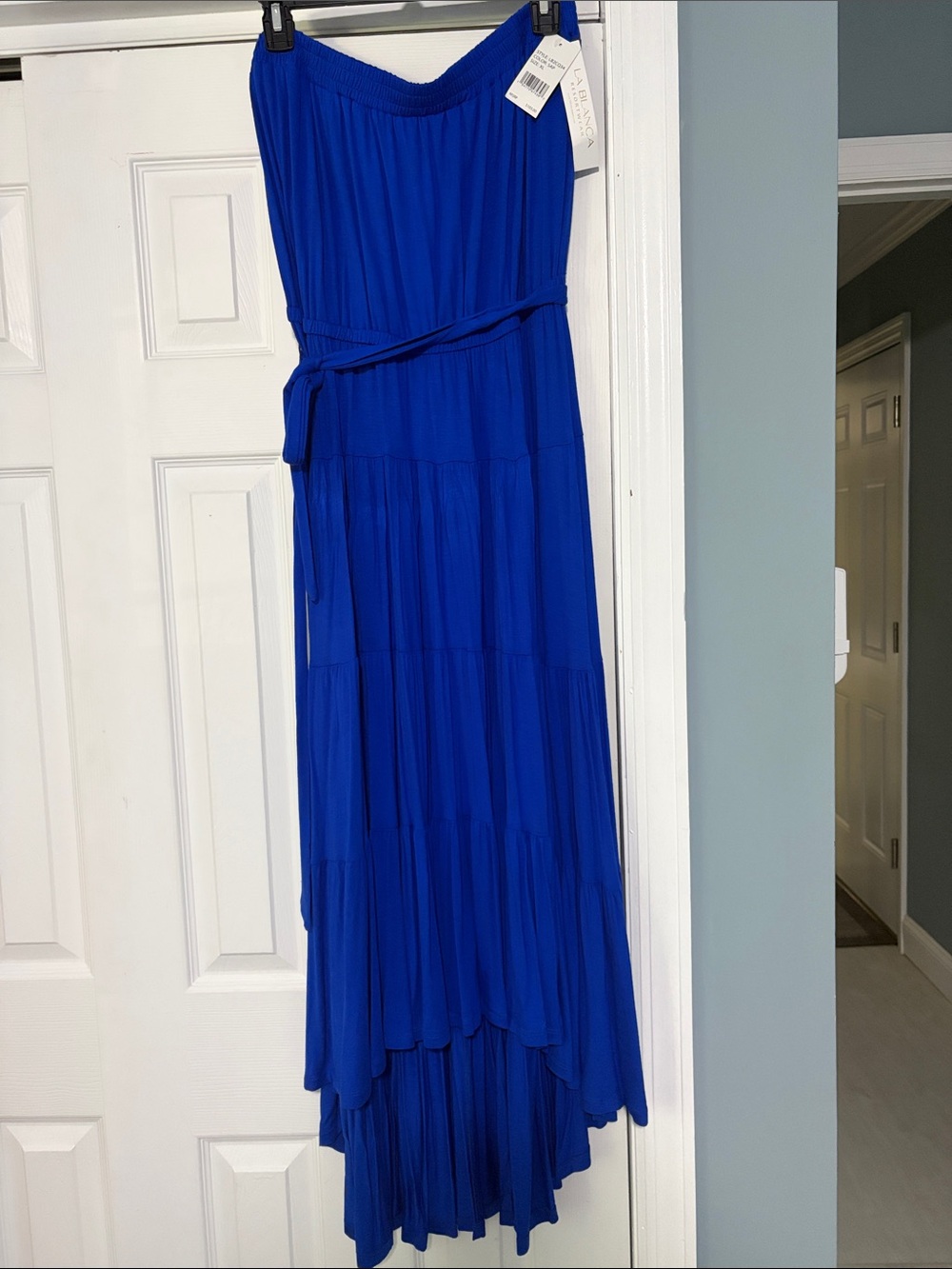 La Blanca Strapless High-Low Tiered Maxi Dress in Royal Blue